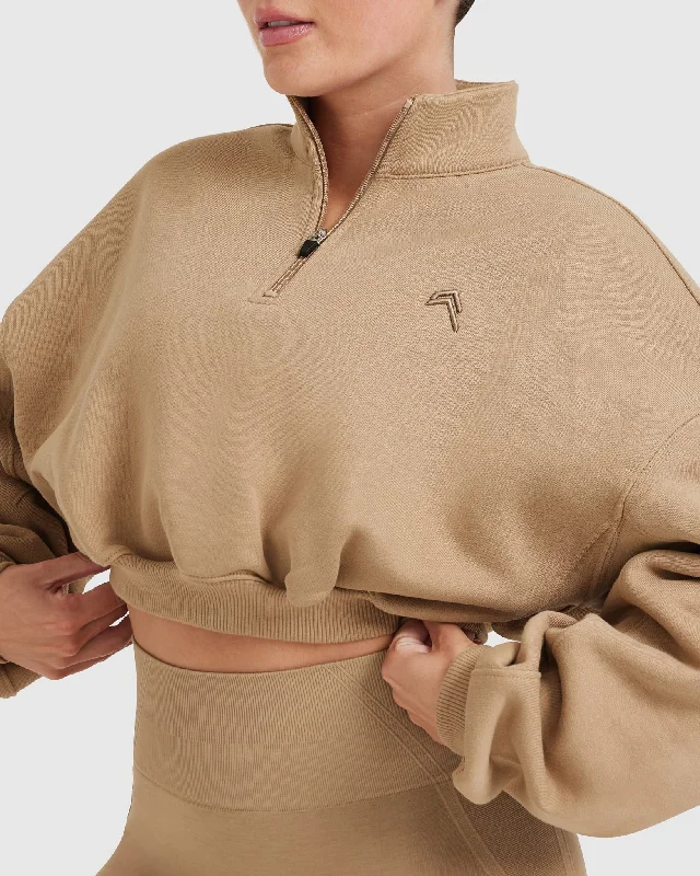 All Day Cosy Crop 1/4 Zip Sweatshirt | Dune Brown