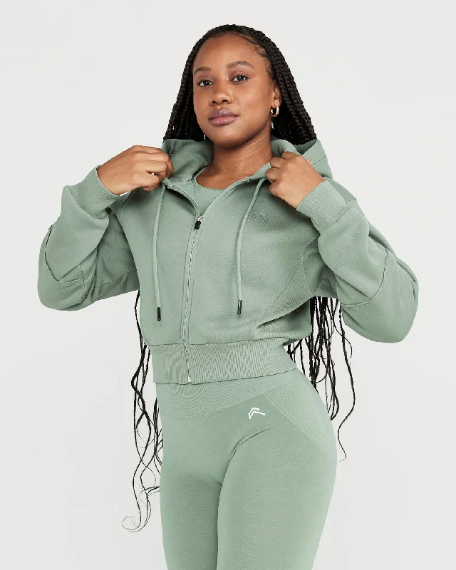 Classic Lounge Cropped Zip Through Hoodie | Sage