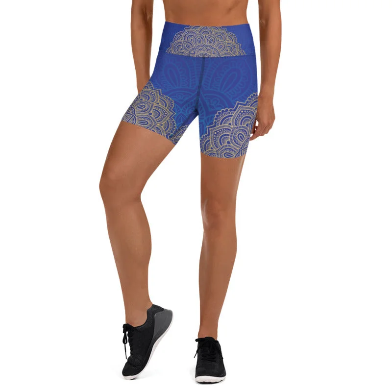 Golden Blue Mandala Womens Yoga Shorts