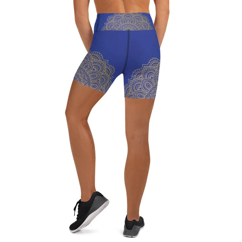 Golden Blue Mandala Womens Yoga Shorts