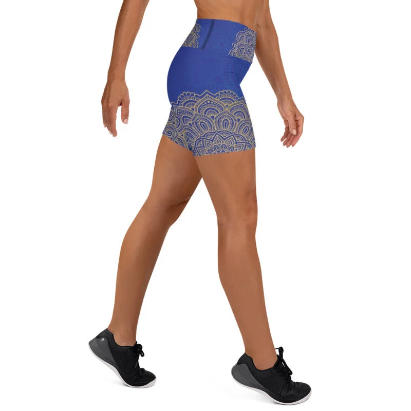 Golden Blue Mandala Womens Yoga Shorts