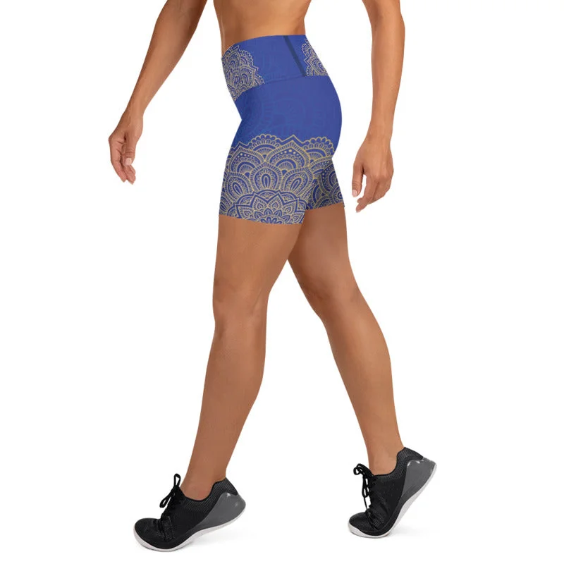 Golden Blue Mandala Womens Yoga Shorts