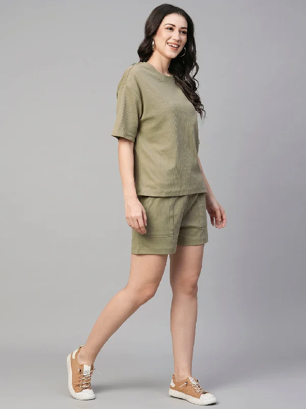 Women's Khaki Cotton Elastane Regular Fit Knit Shorts