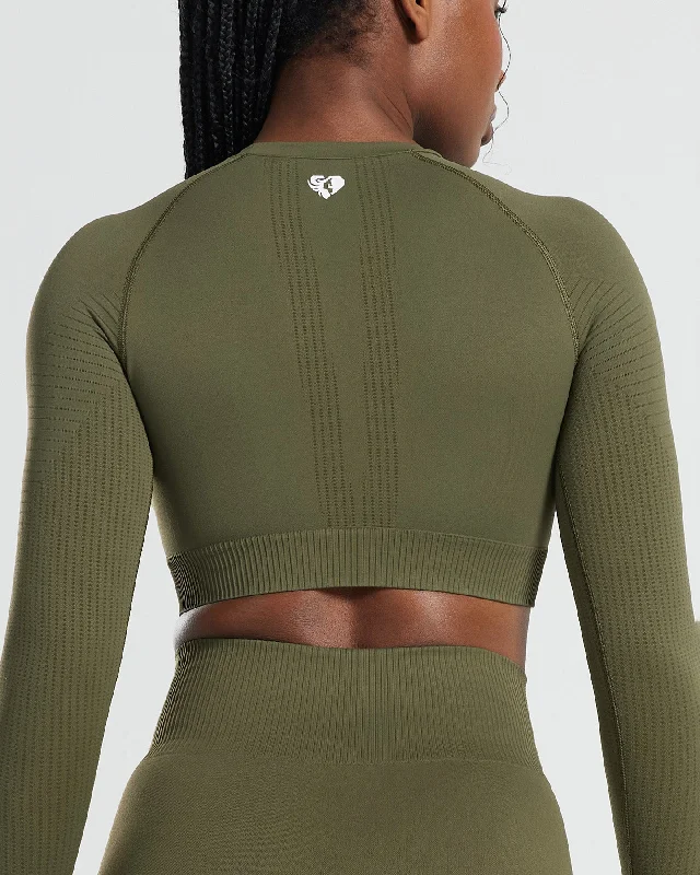 Power Seamless Long Sleeve Crop Top | Khaki