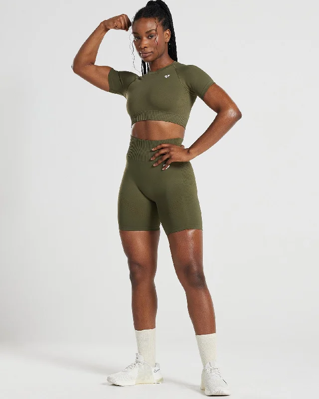 Power Seamless Short Sleeve Crop Top | Khaki