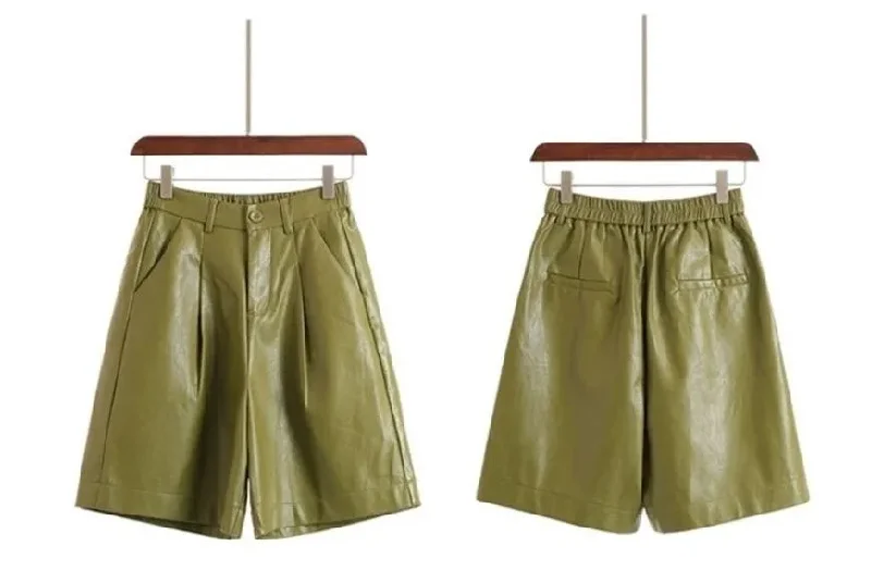 Wide Leg Elastic High Waist PU Leather Shorts (Green, Khaki, Black)