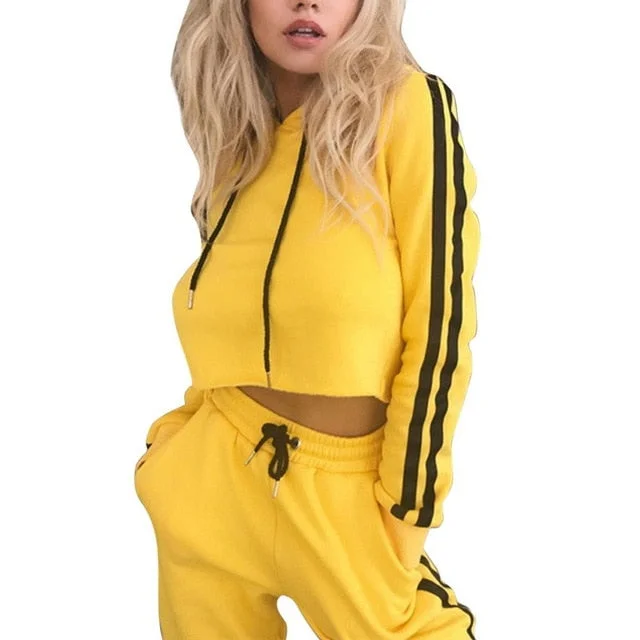 2 Pcs Sexy Women Yoga Tracksuit Sports Yellow Side Stripe Suit Hoodies Crop Top Long Sleeve Sweatshirt Pants Fitness Jogger Set