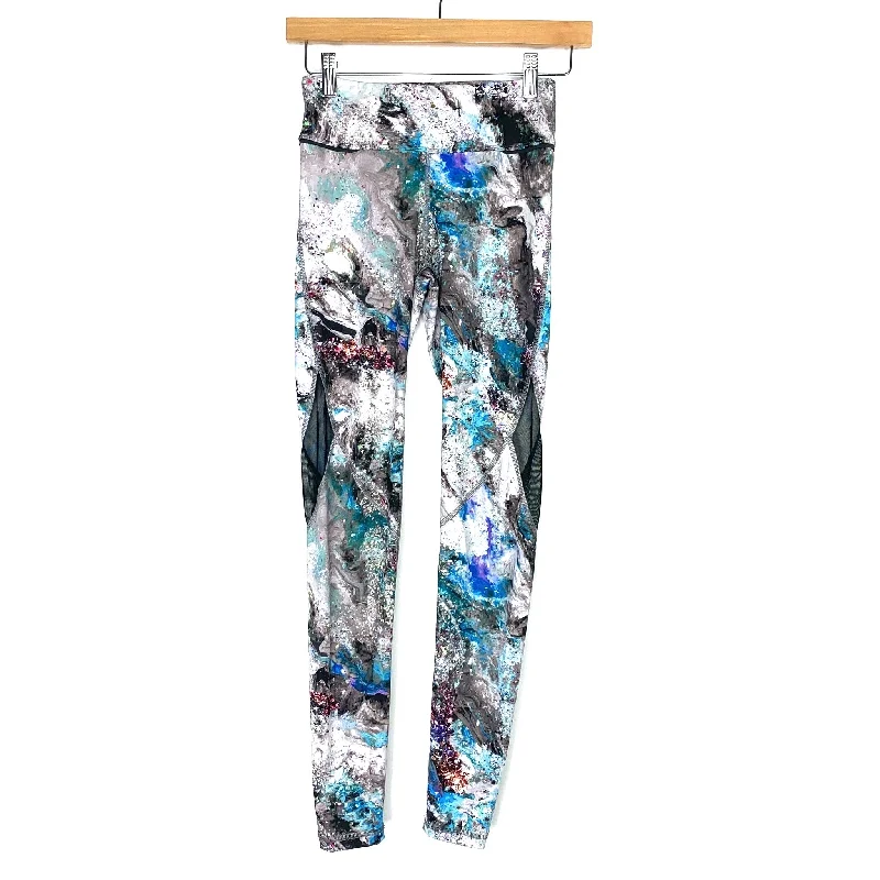 Alala Multicolor Marble Print Leggings With Mesh Detail & Zipper On Back Waistband - Size XS (Inseam 26"")